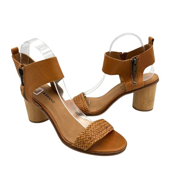 Lucky Brand Pomee Tan Leather Braided Strap Open Toe Round Block Heel Sandals - Picture 1 of 11